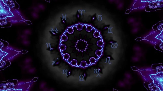 Transforming Magic circle with zodiacs sign on balck mystic mandala background..
