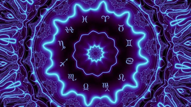 Transforming Magic circle with zodiacs sign on balck mystic mandala background..