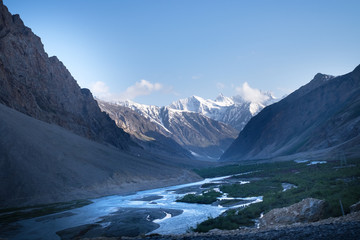 Landscapes of India country. Mountains during a sunset or sunrise with golden sun. Himalayas amazing views.  Indian Himalayas. Jammu and Kasmir state.