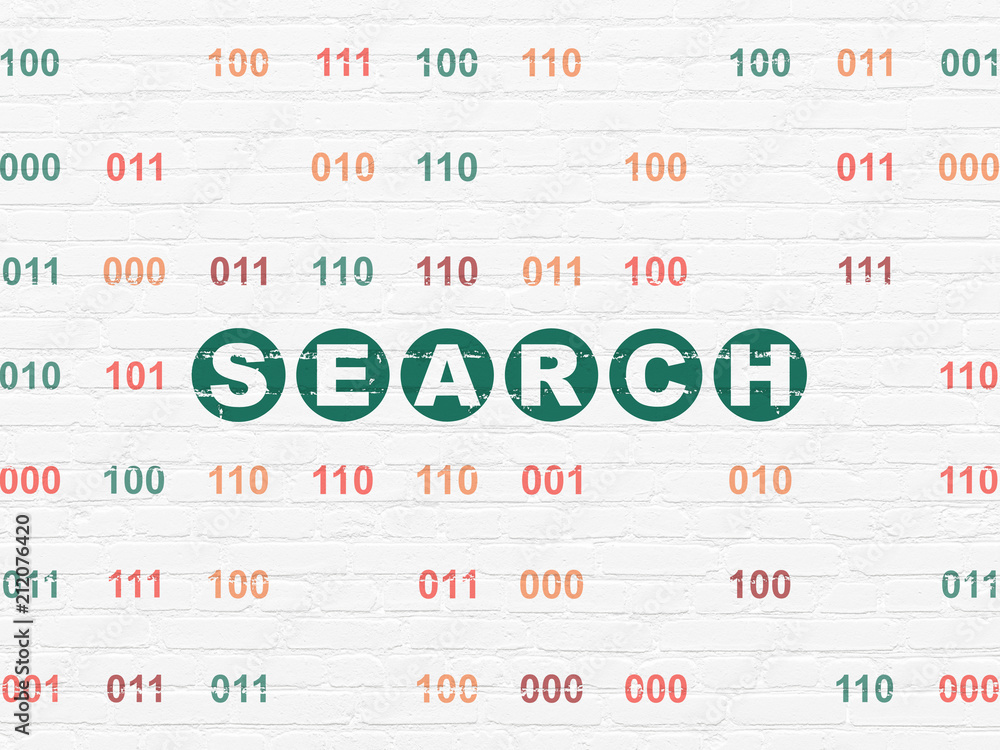 Poster web development concept: painted green text search on white brick wall background with binary code