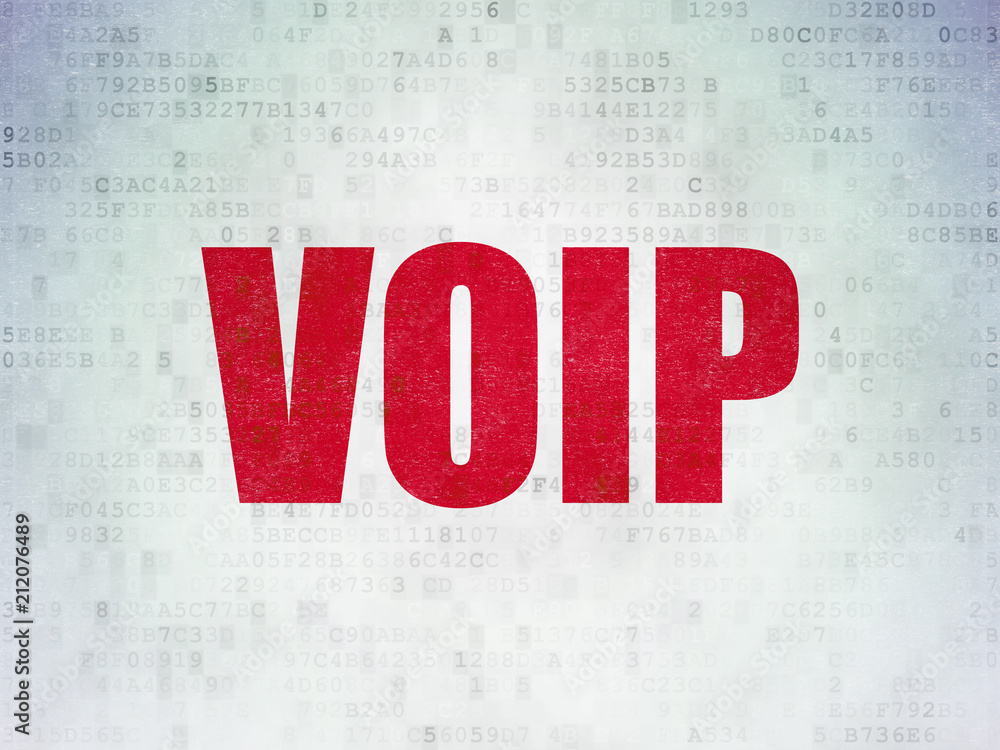 Poster web design concept: painted red word voip on digital data paper background