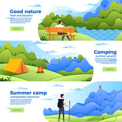 Vector set of bright banner templates with park, camp and mountain hike. Forest, river and mountains on soft background. With place for your text.