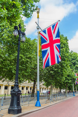 Union Jack Flag hanging from a flag pole in London on the Mall