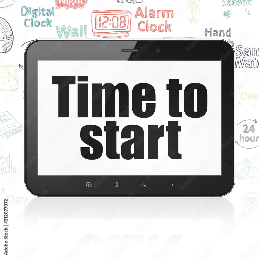 Poster time concept: tablet computer with black text time to start on display, hand drawing time icons back