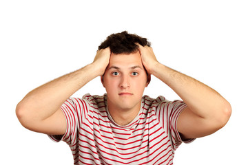 Confused and anxious man with bristle, holding hands on head while being shocked. emotional guy isolated on white background