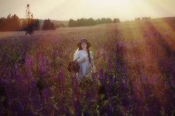 girl in a hat with a basket of lupines in a lupine field