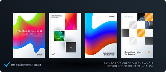 Brochure design liquid template. Colourful modern abstract set, annual report with fluid shapes for branding.