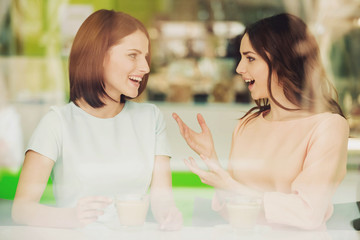 Two Girls Talking in Cafe with Cups of Coffee.