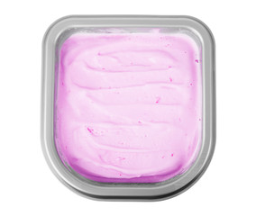 Vanilla ice cream scoop in paper cup on white background