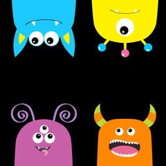 Colorful monster silhouette set. Hanging head face set. Cute cartoon scary character. Baby collection. Eyes, tongue, horns. Happy Halloween. Black background. Isolated. Flat design. © worldofvector