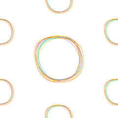 Seamless Pattern with colorful line scribble big circle dots Geometric abstract texture. White background. Isolated. Flat design.