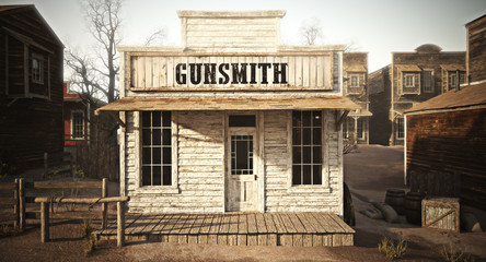 Western town rustic gunsmith weapons and ammunition's supply store. 3d rendering . Part of a Western town series. - obrazy, fototapety, plakaty