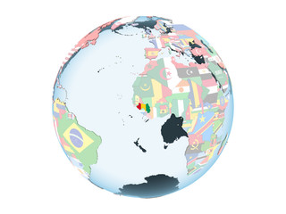 Guinea with flag on globe isolated