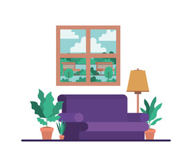 living room with houseplants and window vector illustration design