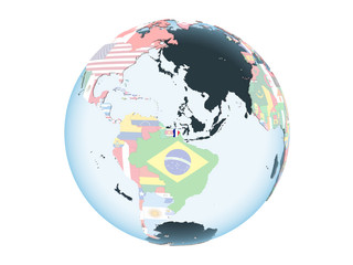 Obraz premium French Guiana with flag on globe isolated