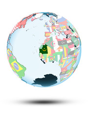 Obraz premium Mauritania on globe with flags