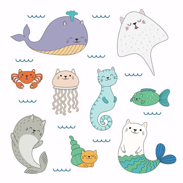 Hand drawn vector illustration of a kawaii funny sea animals with cat ears, swimming in the sea. Isolated objects on white background. Line drawing. Design concept for children print.