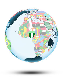 Nigeria on globe with flags