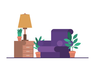 living room with houseplants scene vector illustration design