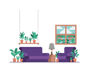 living room with houseplants and window vector illustration design