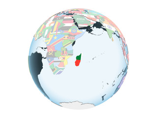 Obraz premium Madagascar with flag on globe isolated