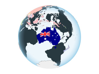 Australia with flag on globe isolated
