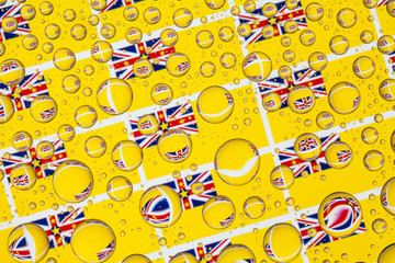 Rain drops full of Niue flags. 3D illustration