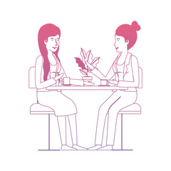 women in the table drinking coffee with house plant vector illustration design