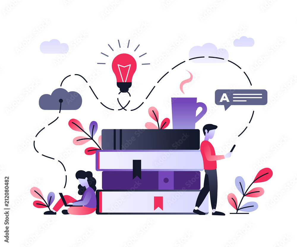 Poster flat vector characters working with laptop and smartphone. modern ultraviolet gradient illustration 