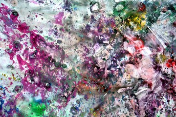 Obraz na płótnie Canvas Purple pink yellow gray spots of paint watercolor background, colorful vivid abstract background