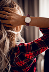 Stylish classic watch on woman hand