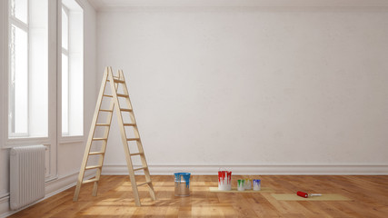 Leiter mit Farbe vor Wand im Raum © Robert Kneschke