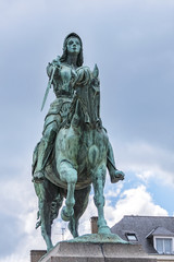 Bronze equestrian statue of Jeanne d'Arc (Joan of Arc, 1855) in the centre of Place du Martroi (Martroi square) in Orleans, France.
