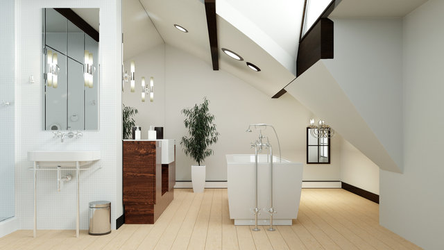 Modernes Bad im Dachgeschoss mit Dachschräge