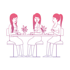 women in the table drinking coffee with house plants vector illustration design