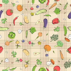 Vector seamless pattern retro drawing of vegetables. Can be used for web page background, fills drawings, wallpapers, surface textures.