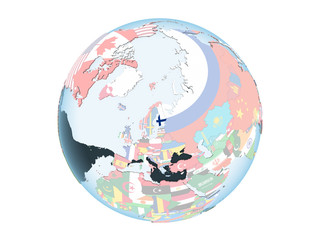 Finland with flag on globe isolated