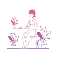 woman in the table drinking coffee with house plants vector illustration design