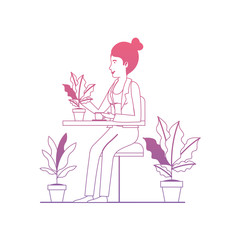 woman in the table drinking coffee with house plants vector illustration design