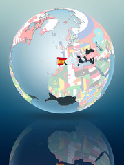 Spain on globe with flags