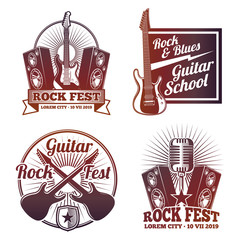 Rock and roll music vector labels. Vintage heavy metal emblems isolated