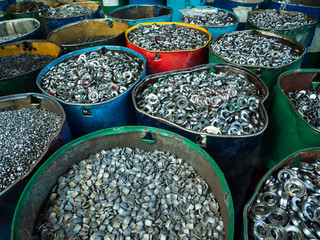 Scrap aluminium and steel  pressed together for melting and recycling.