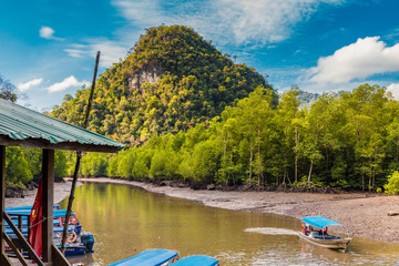 A wooden boat dock and moored motorboats in front of a beautiful limestone hill at the Kilim Jetty,...
