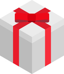 Isometric illustration of white square gift box with red ribbon bow isolated on a white background.