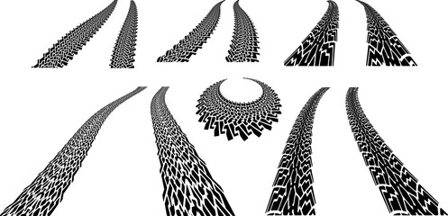 Set of vector trails, traces of the tyre in grunge style on a white background