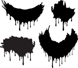 Set of 4 black decors with paint drips. Vector illustration for your design.