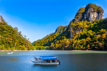 Magnificent scenery of the Kilim Geoforest Park in Langkawi, Malaysia. A few motorboats are moored in the shaded area of the river and in the background are mangrove trees and limestone hills. - obrazy, fototapety, plakaty