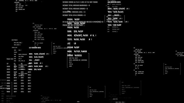 Futuristic interface of application programming. System code on a screen moving in a cyberspace. Seamless loop.