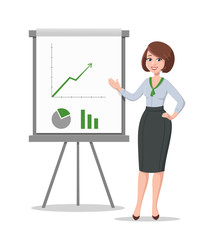 Business woman presents diagrams on flip chart. Vector illustration.