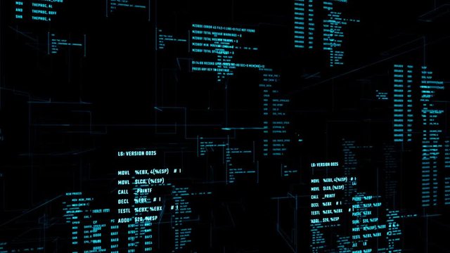 Futuristic interface with running code in a virtual space. Abstract digital background with code in a cyberspace. Seamless loop.